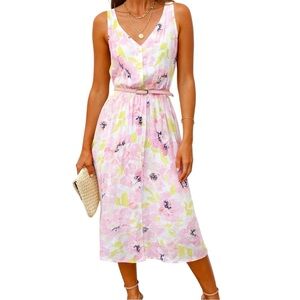 Vintage Carol Anderson Floral Belted Sleeveless Dress‎ Pink Midi Size Small 90s